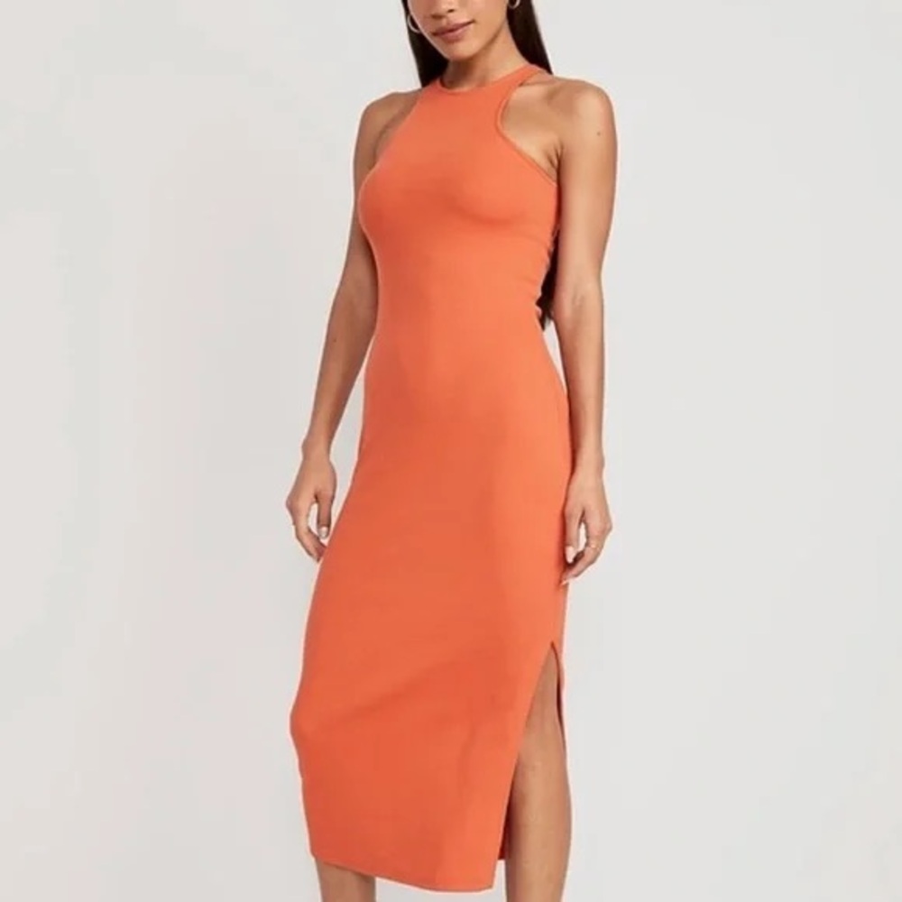 Fitted High-Neck Rib-Knit Maxi Dress